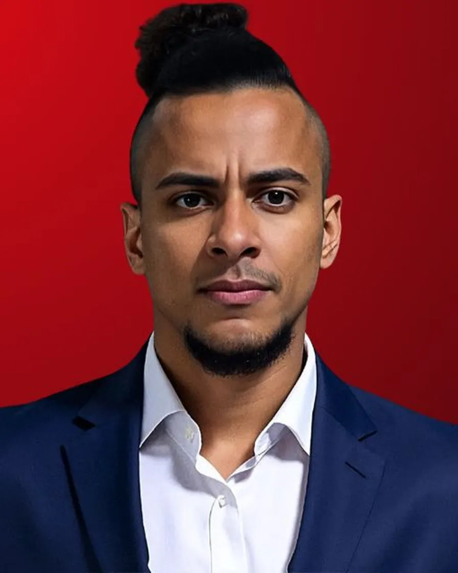 Valdemiro Ferreira de terno, fundo vermelho
